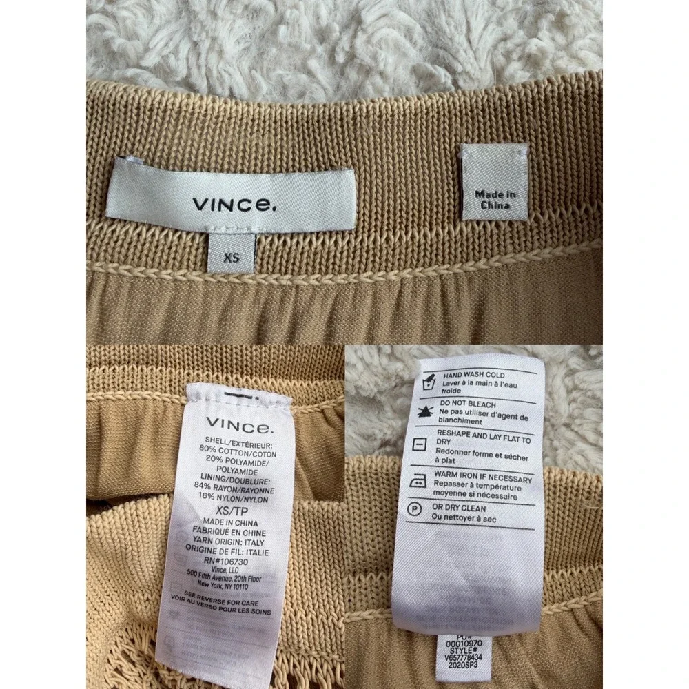 Vince Tan Beige Crochet Open Knit Cotton Blend Midi Skirt Elastic Waist XS S